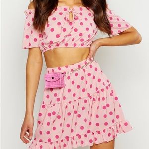 Polka Dot Bardot Top & Ruffle Mini Skirt Co-Ord